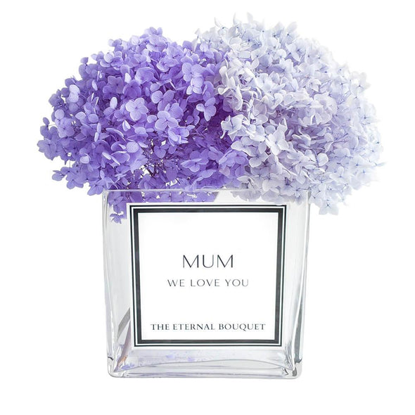 Purple Preserved Hydrangea Blooms in a personalised glass vase