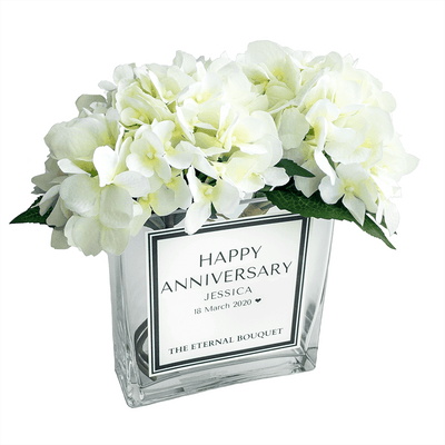 White Everlasting Silk Hydrangeas in a personalised glass vase