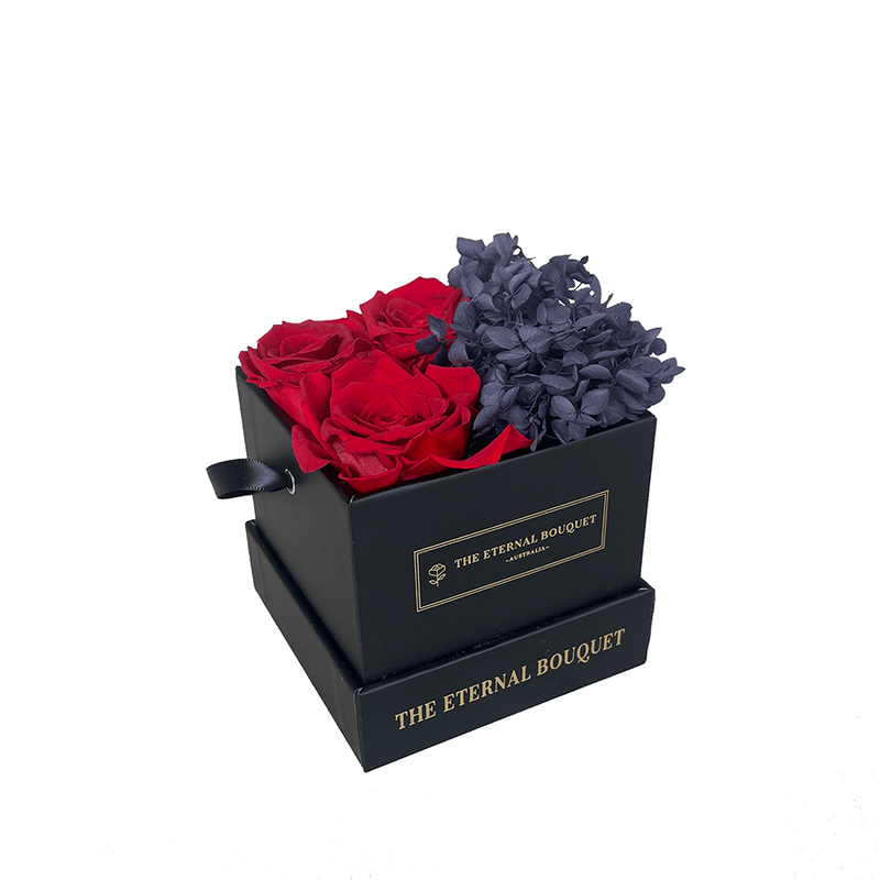 Everlasting Red and Black Roses and Hydrangeas in a Black Square Bouquet Box