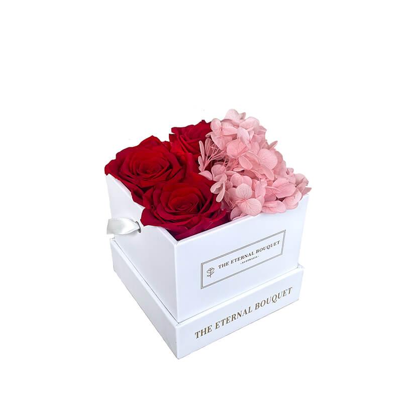 Everlasting Red and Pink Roses and Hydrangeas in a White Square Bouquet Box