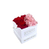 Everlasting Red and Pink Roses and Hydrangeas in a White Square Bouquet Box