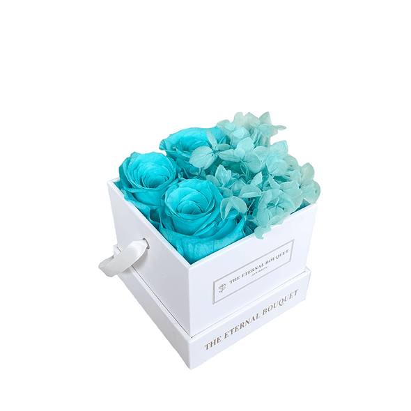 Everlasting Tiffany Blue Roses and Hydrangeas in a White Square Bouquet Box