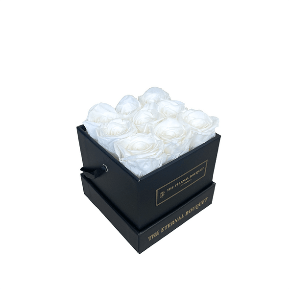 Everlasting Mini Eternity Roses  in a Black Square Bouquet Box
