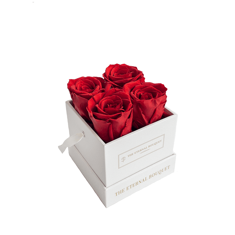 Everlasting Red Roses in a White Square Bouquet Box