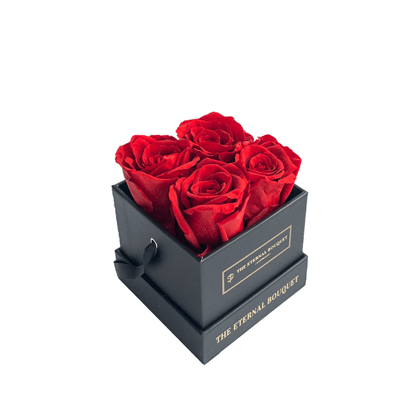 Everlasting Red Roses in a Black Square Bouquet Box