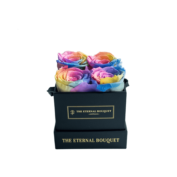 Everlasting Rainbow Roses in a Black Square Bouquet Box