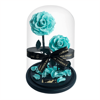 Two Everlasting Tiffany Blue Roses in a glass dome