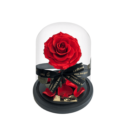 Preserved red rose in a glass dome, symbolising everlasting love—an elegant and romantic gift for Valentine’s Day, anniversaries, and special occasions.