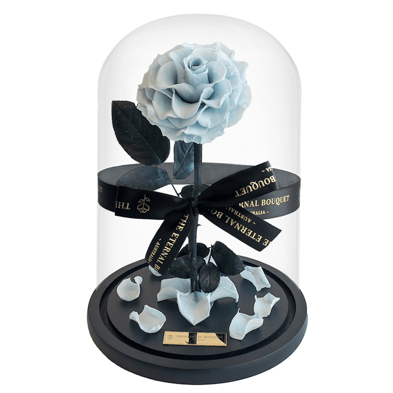 One year light blue everlasting rose in a glass dome