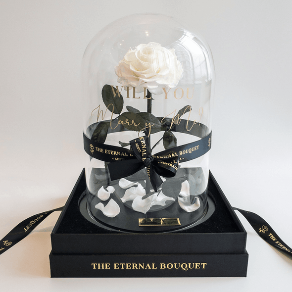 Everlasting White Rose Dome with personalised gold text